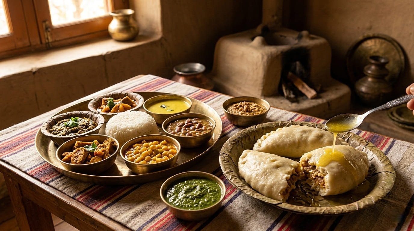 Dham (a traditional festive meal) and Siddu (steamed bread)